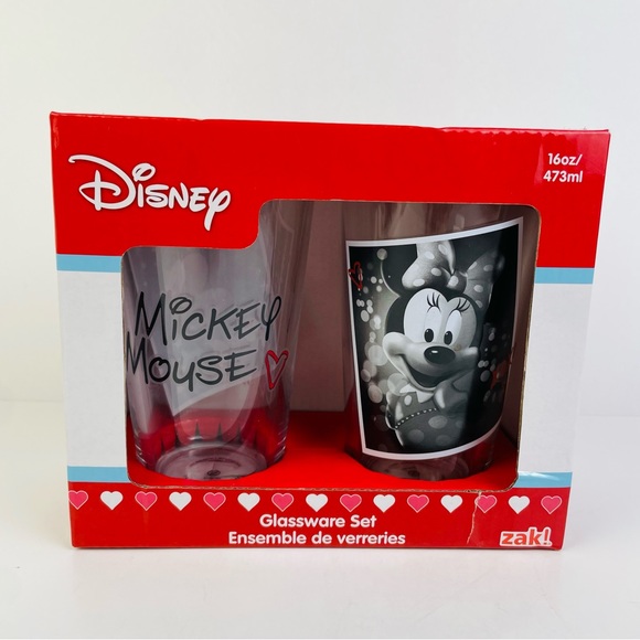 Disney Mickey Minnie Mouse Glassware Set of 2 16 Oz Valentine’s Day Hearts Cups - Picture 1 of 7